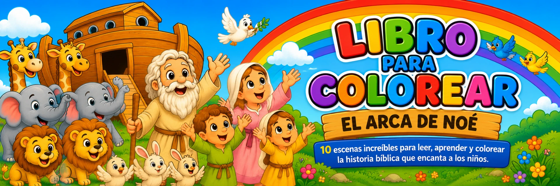 Noé, su familia y los animales frente al arca bajo un gran arcoíris
