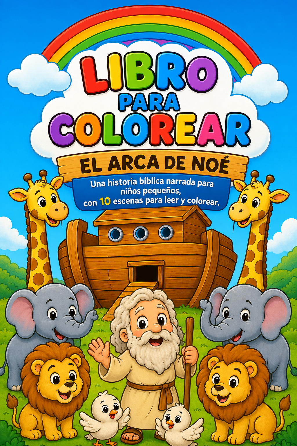 Portada del Libro para Colorear El Arca de Noé con Noé, el arca, jirafas, elefantes y leones